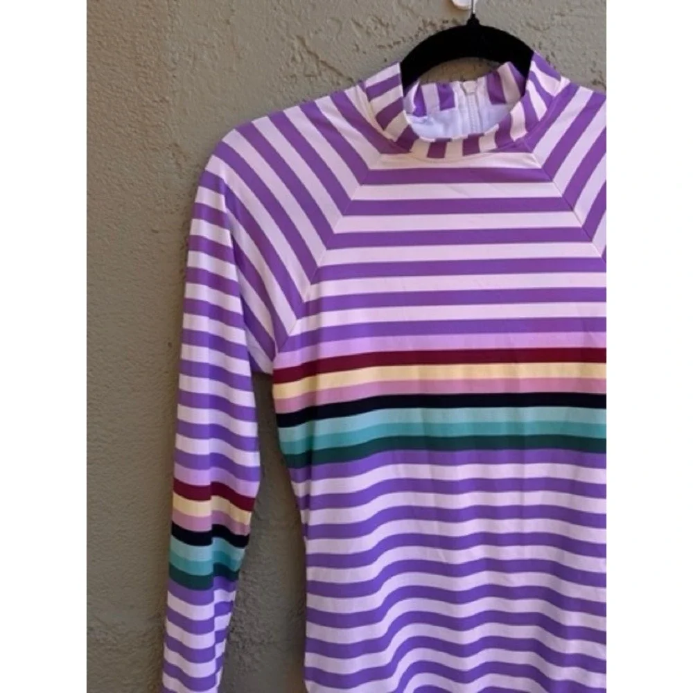 Bikini Lab NEW Purple Striped Long Sleeve One Piece Swimsuit Rash Guard MEDIUM
